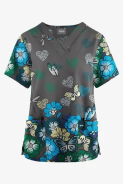 Butter-Soft Originals Butterfly Valley Pewter Women's 2-Pocket Classic Fit V-Neck Printed Scrub Top