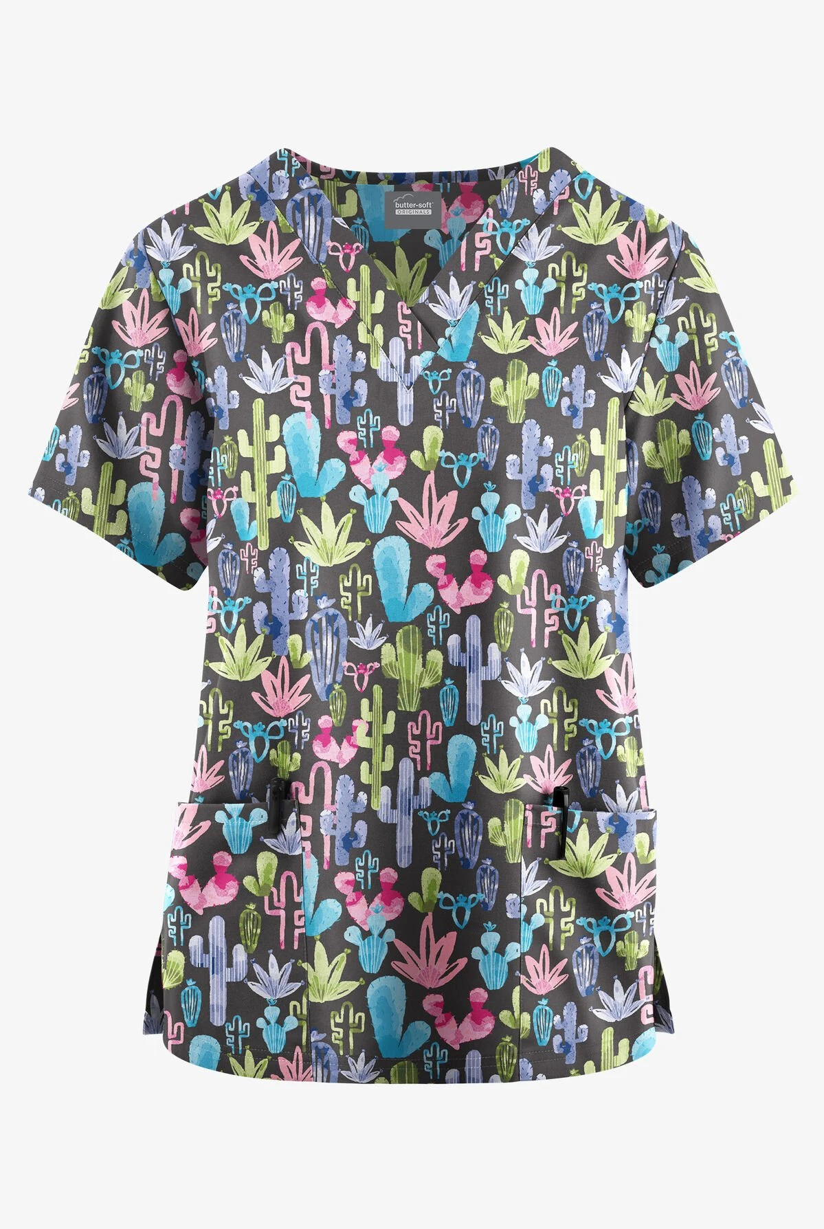 Butter-Soft Originals Desert Cactus Pewter Women's 2-Pocket Classic Fit V-Neck Printed Scrub Top