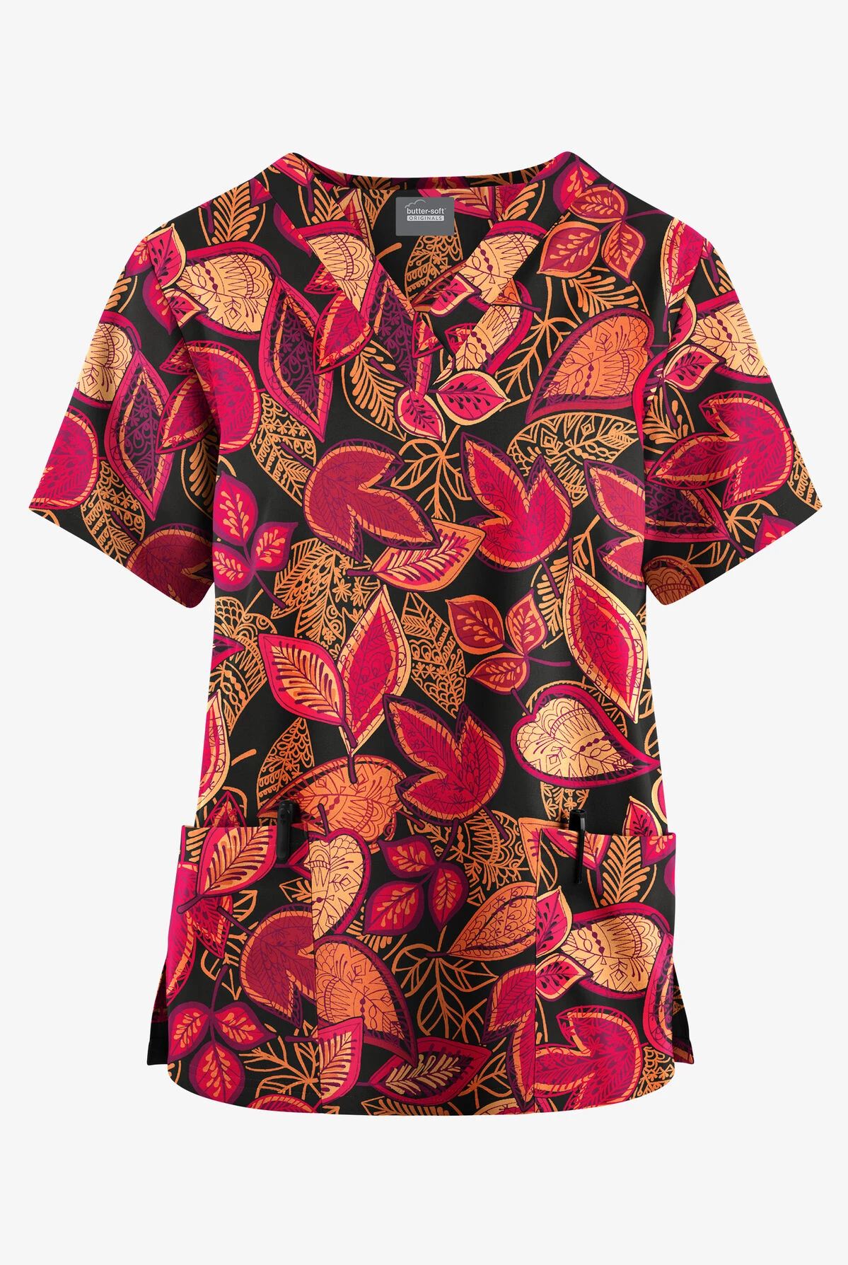 Butter-Soft Originals Filigree Leaves Black Printed Women's 2-Pocket Classic Fit V-Neck Scrub Top