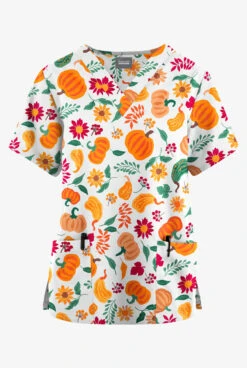 Butter-Soft Originals Fall Harvest White Printed Women's 2-Pocket Classic Fit V-Neck Scrub Top