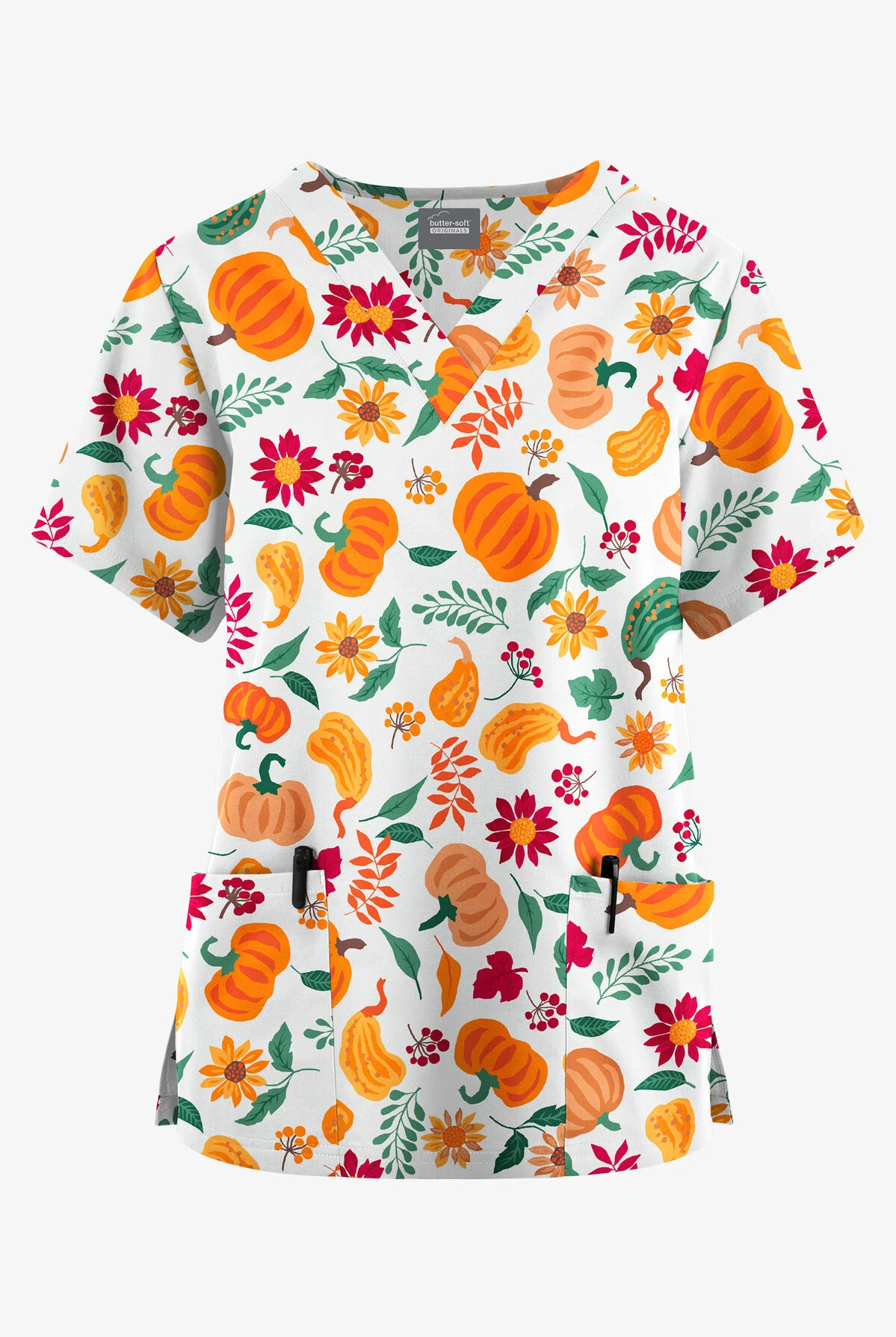 Butter-Soft Originals Fall Harvest White Printed Women's 2-Pocket Classic Fit V-Neck Scrub Top
