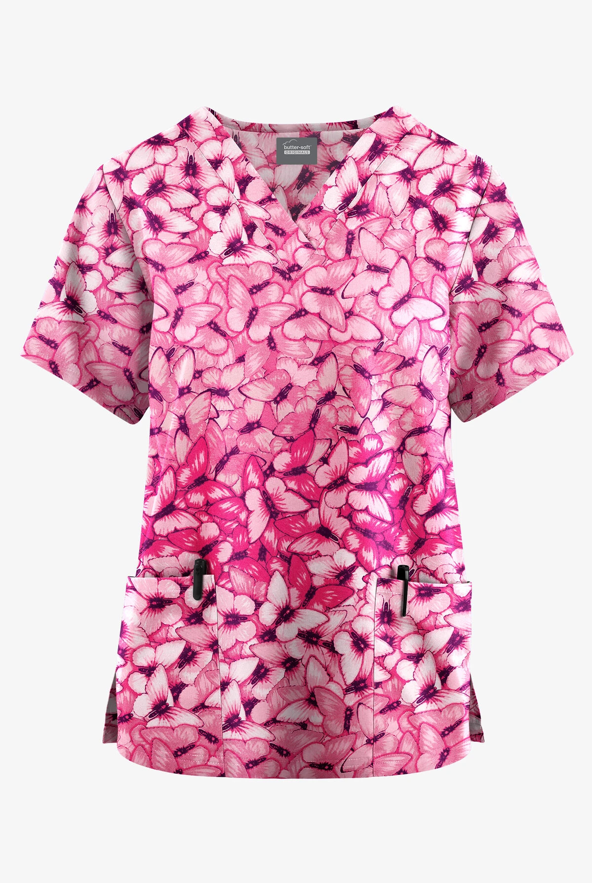 Butter-Soft Originals Garden Butterflies Blush Women's 2-Pocket Classic Fit V-Neck Printed Scrub Top