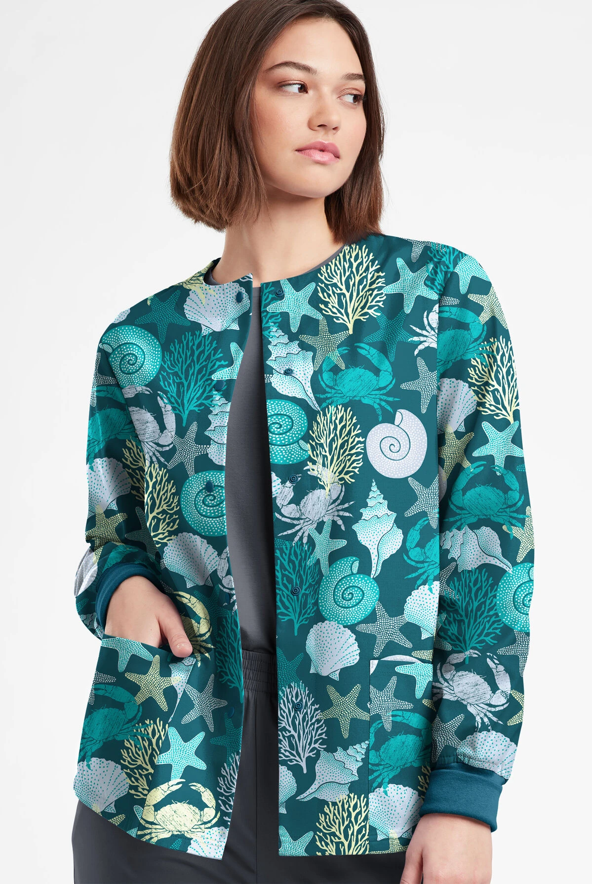 Butter-Soft Originals Beach Day Caribbean Blue Women's 3-Pocket Warm-Up Printed Scrub Jacket - Image 2