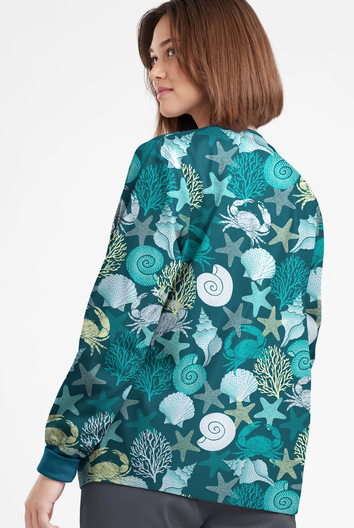 Butter-Soft Originals Beach Day Caribbean Blue Women's 3-Pocket Warm-Up Printed Scrub Jacket - Image 3