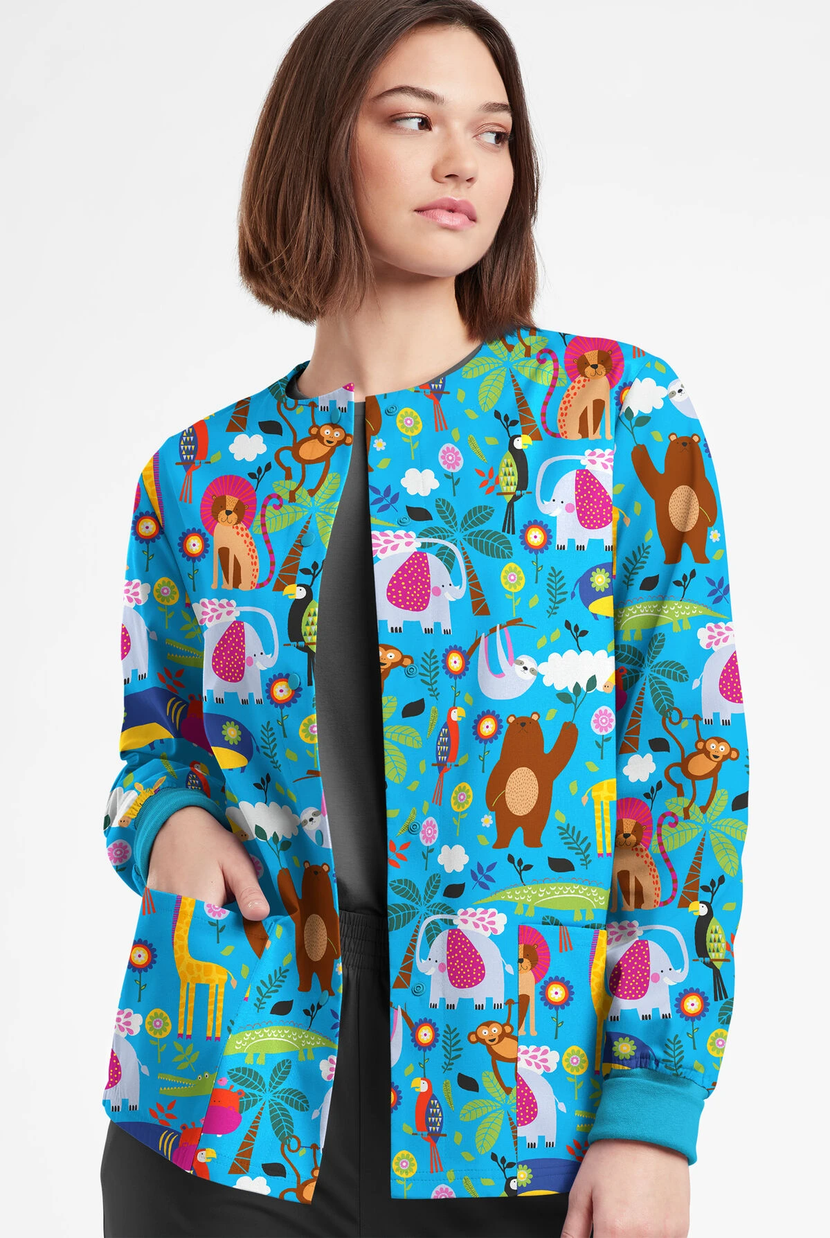 Butter-Soft Originals Jungle Party Turquoise Women's 3-Pocket Warm-Up Printed Scrub Jacket - Image 2