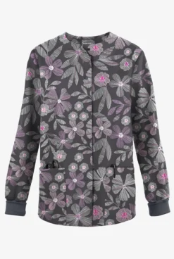 Butter-Soft Originals Linear Floral Pewter Women's 3-Pocket Warm-Up Printed Scrub Jacket
