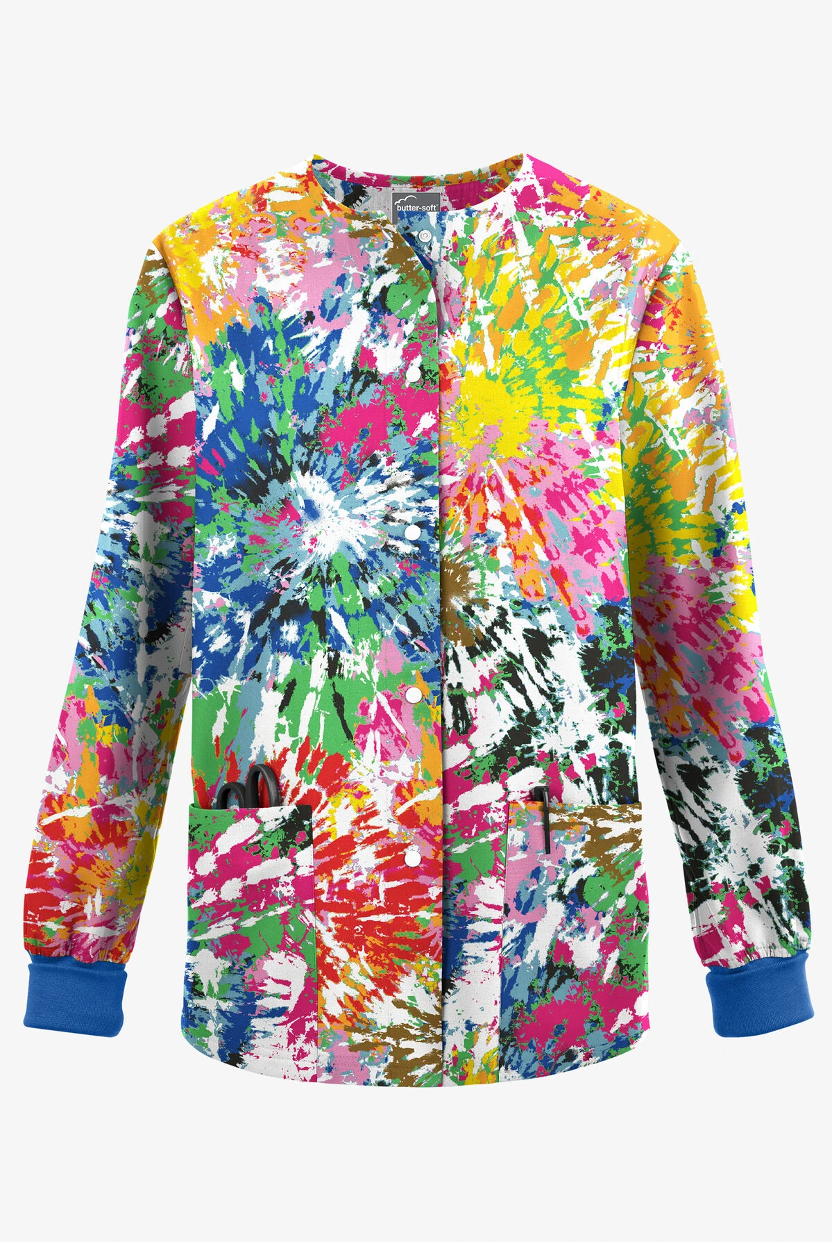 Butter-Soft Originals Rainbow Tie-Dye Women's 3-Pocket Warm-Up Printed Scrub Jacket