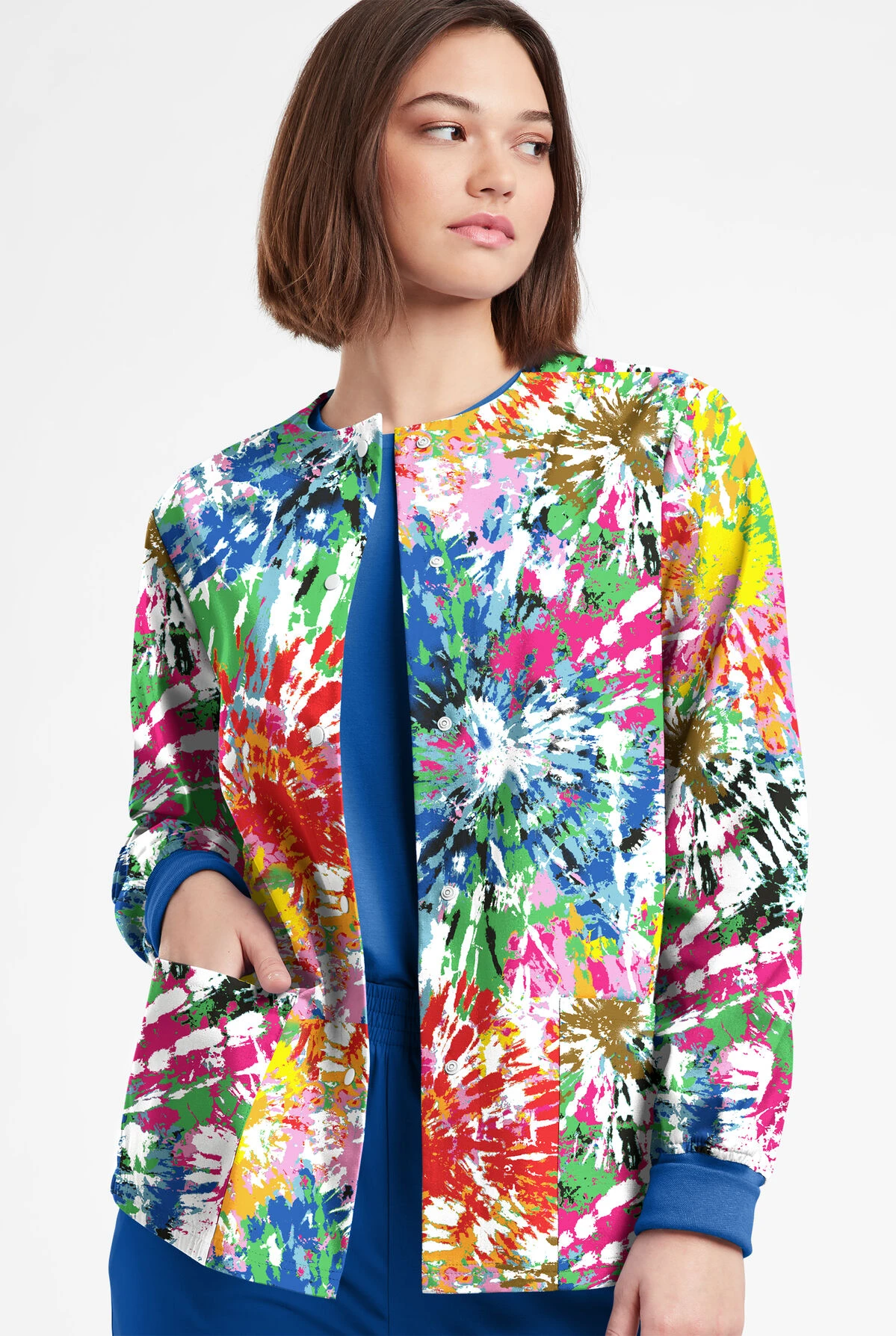 Butter-Soft Originals Rainbow Tie-Dye Women's 3-Pocket Warm-Up Printed Scrub Jacket - Image 2