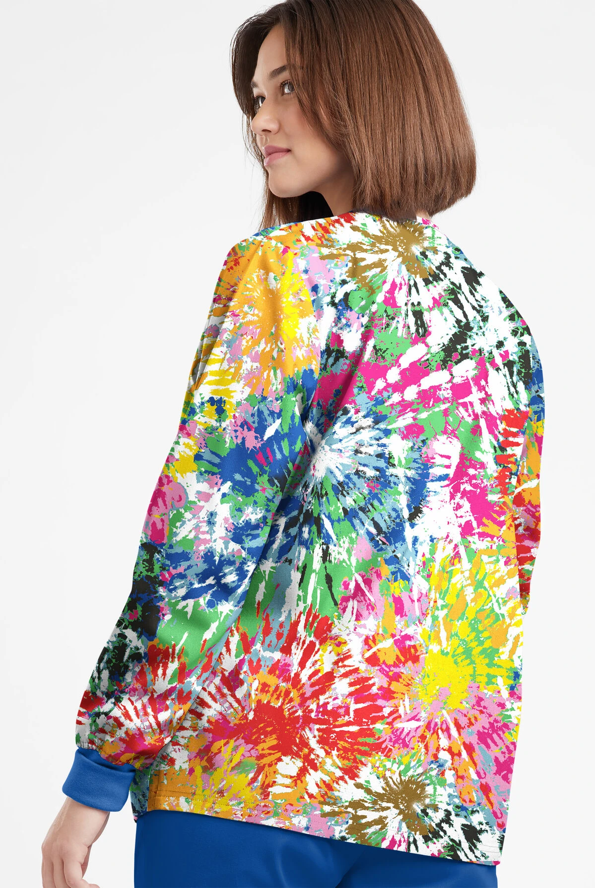 Butter-Soft Originals Rainbow Tie-Dye Women's 3-Pocket Warm-Up Printed Scrub Jacket - Image 3