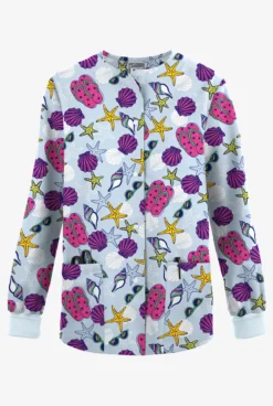 Butter-Soft Originals Walk On The Beach Morning Dew Women's 3-Pocket Warm-Up Printed Scrub Jacket