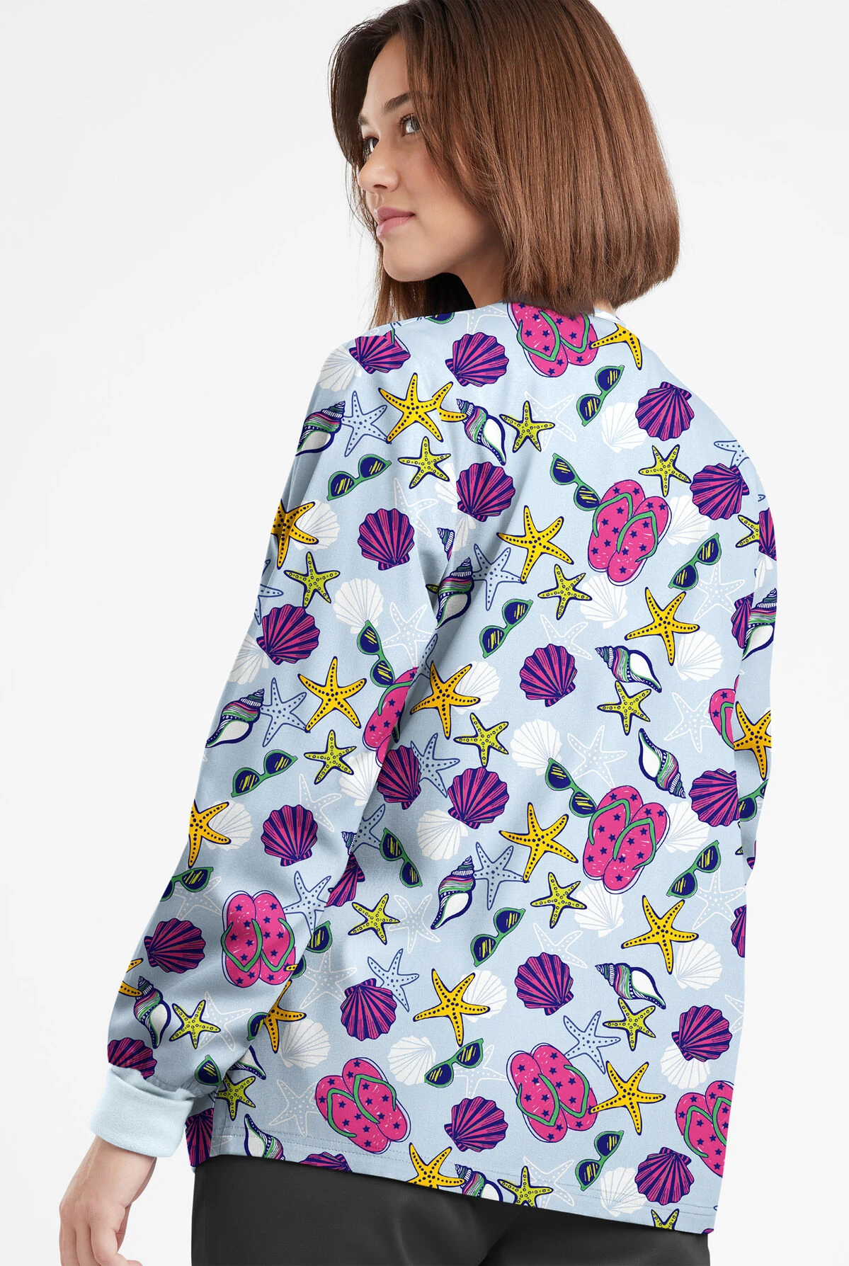 Butter-Soft Originals Walk On The Beach Morning Dew Women's 3-Pocket Warm-Up Printed Scrub Jacket - Image 3