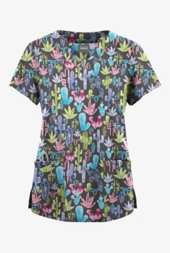 Butter-Soft Originals Desert Cactus Pewter Women's 6-Pocket Scallop Neck Printed Scrub Top