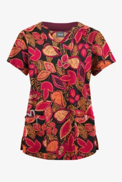 Butter-Soft Originals Filigree Leaves Black Printed Women's 6-Pocket Scallop Neck Scrub Top