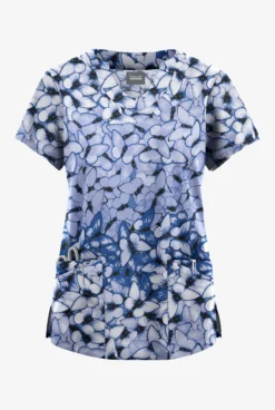 Butter-Soft Originals Garden Butterflies Ceil Women's 6-Pocket Scallop Neck Printed Scrub Top