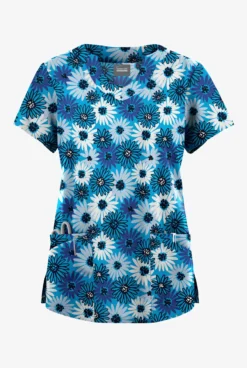 Butter-Soft Originals Pop Of Daisies Turquoise Women's 6-Pocket Scallop Neck Printed Scrub Top