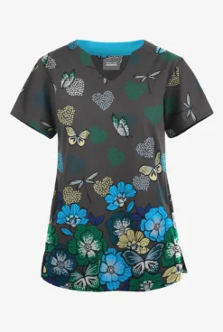 Butter-Soft Originals Butterfly Valley Pewter Women's 2-Pocket Scallop Neck Printed Scrub Top
