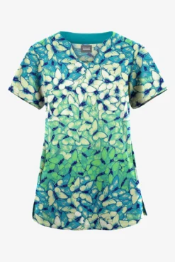 Butter-Soft Originals Garden Butterflies Teal Women's 2-Pocket Scallop Neck Printed Scrub Top