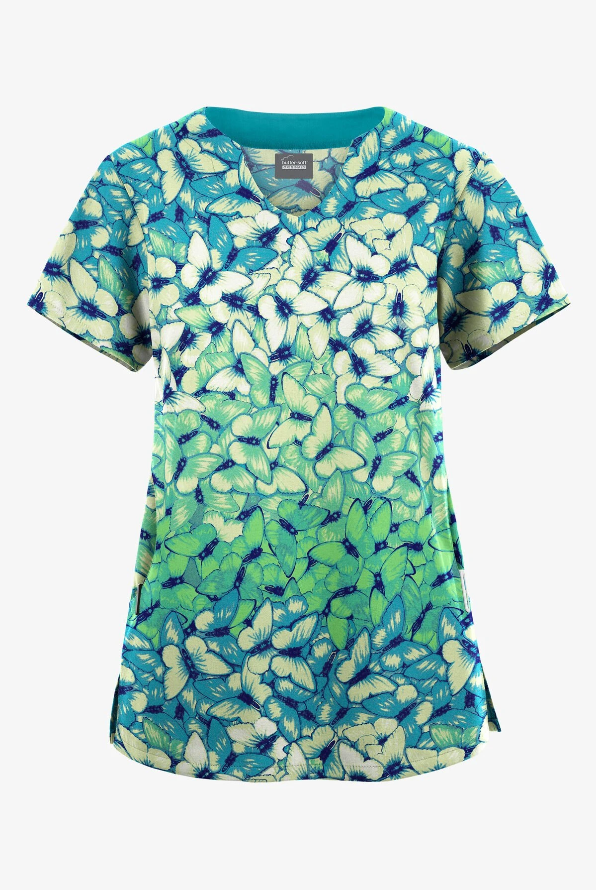 Butter-Soft Originals Garden Butterflies Teal Women's 2-Pocket Scallop Neck Printed Scrub Top