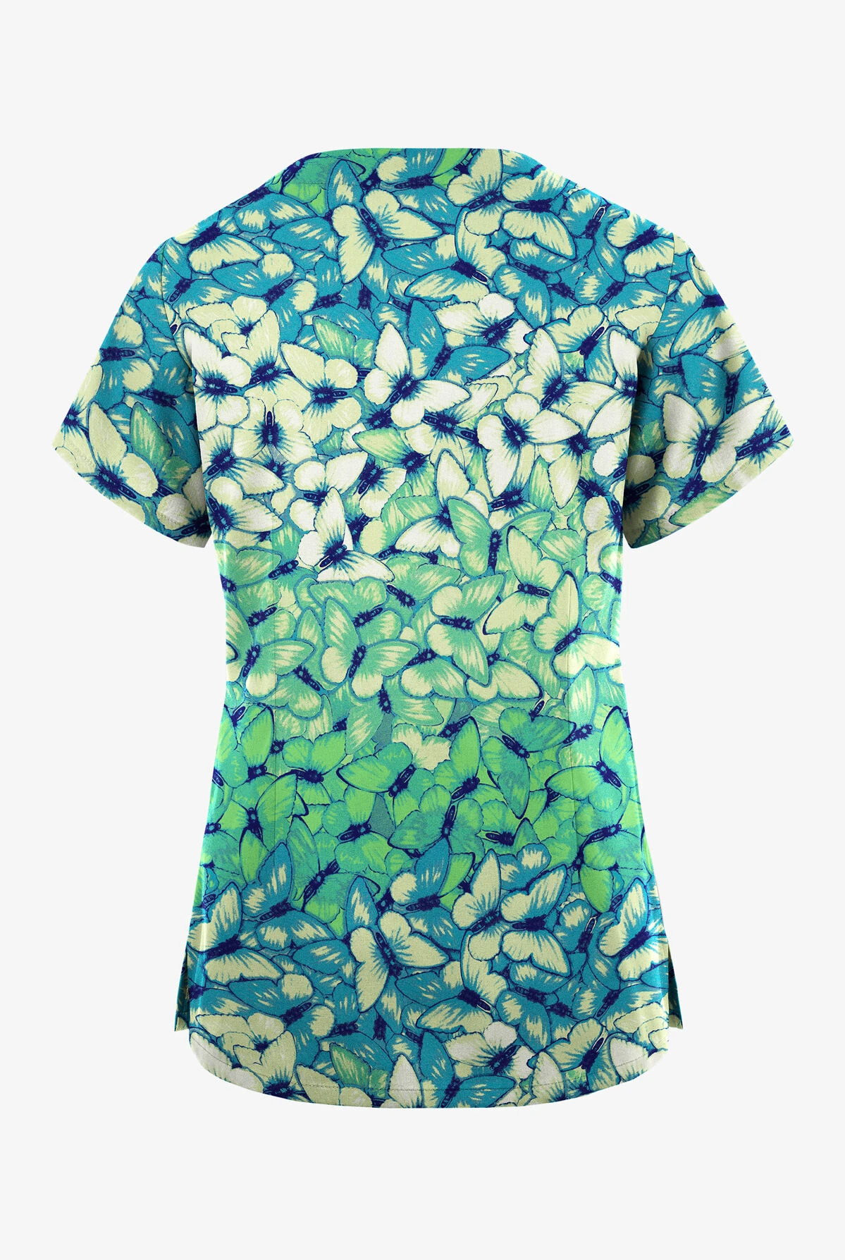 Butter-Soft Originals Garden Butterflies Teal Women's 2-Pocket Scallop Neck Printed Scrub Top - Image 2