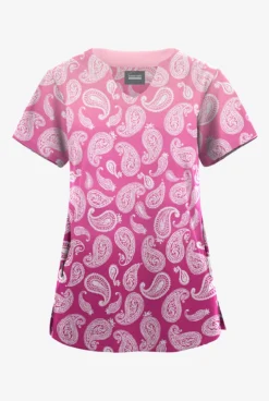 Butter-Soft Originals Paisley Gradient Fuchsia Women's 2-Pocket Scallop Neck Printed Scrub Top 