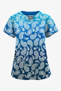 Butter-Soft Originals Paisley Gradient Turquoise Women's 2-Pocket Scallop Neck Printed Scrub Top 
