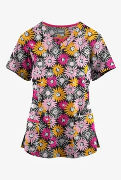 Butter-Soft Originals Pop Of Daisies Women's 3-Pocket Criss Cross Printed Scrub Top