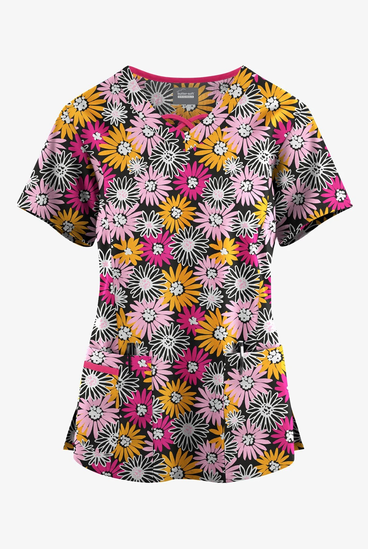 Butter-Soft Originals Pop Of Daisies Women's 3-Pocket Criss Cross Printed Scrub Top
