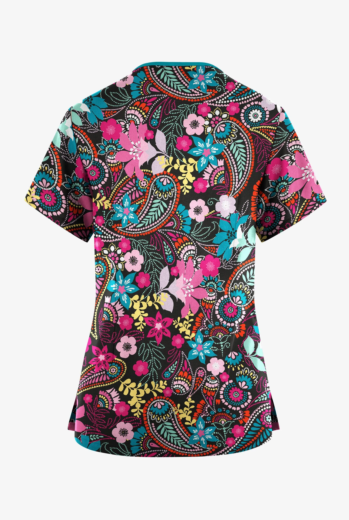 Butter-Soft Originals Royal Paisley Fuchsia Women's 3-Pocket Criss Cross Printed Scrub Top - Image 2