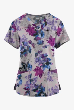 Butter-Soft Originals Autumn Park Silver Women's 7-Pocket Rounded V-Neck Printed Scrub Top
