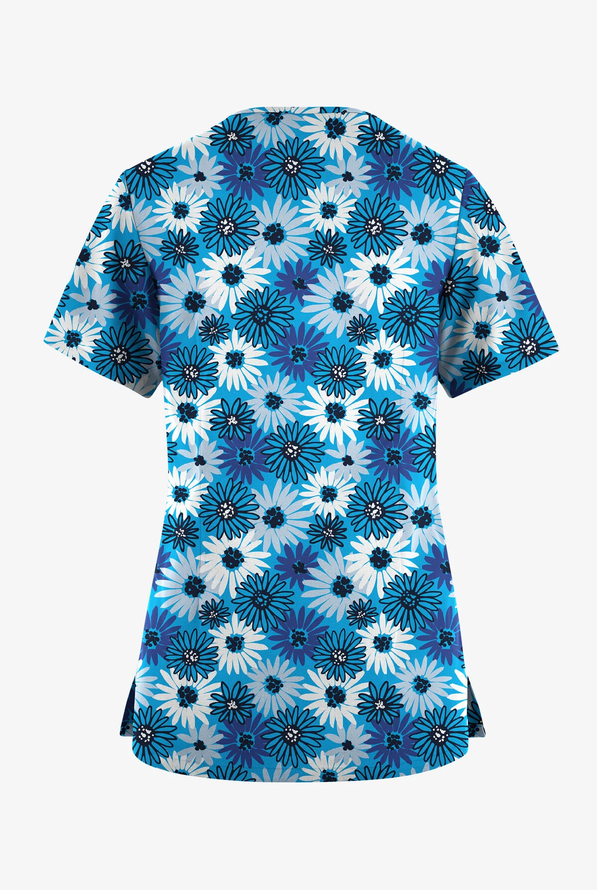 Butter-Soft Originals Pop Of Daisies Turquoise Women's 7-Pocket Curved V-Neck Printed Scrub Top - Image 2