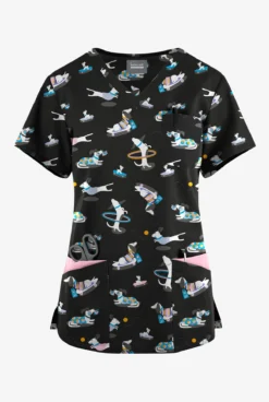 Butter-Soft Originals Playful Dachshunds Women's 7-Pocket Curved V-Neck Printed Scrub Top