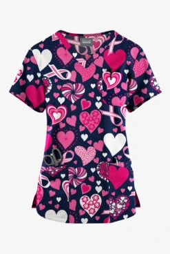 Butter-Soft Originals Ribbons Of Love Navy Women's 7-Pocket Rounded V-Neck Printed Scrub Top