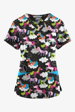 Butter-Soft Originals On The Clouds Women's 7-Pocket Curved V-Neck Printed Scrub Top