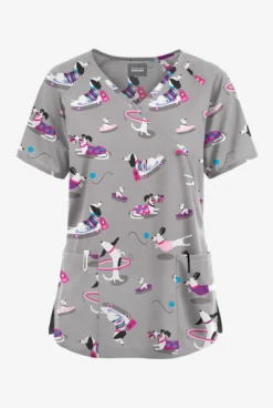 Butter-Soft Originals Playful Dachshunds Women's 3-Pocket Mock Wrap With Ties Printed Scrub Top