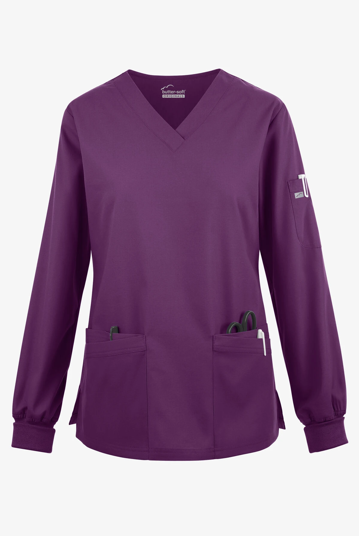 Butter-Soft Originals Women's 7-Pocket Curved V-Neck Long Sleeve Scrub Top