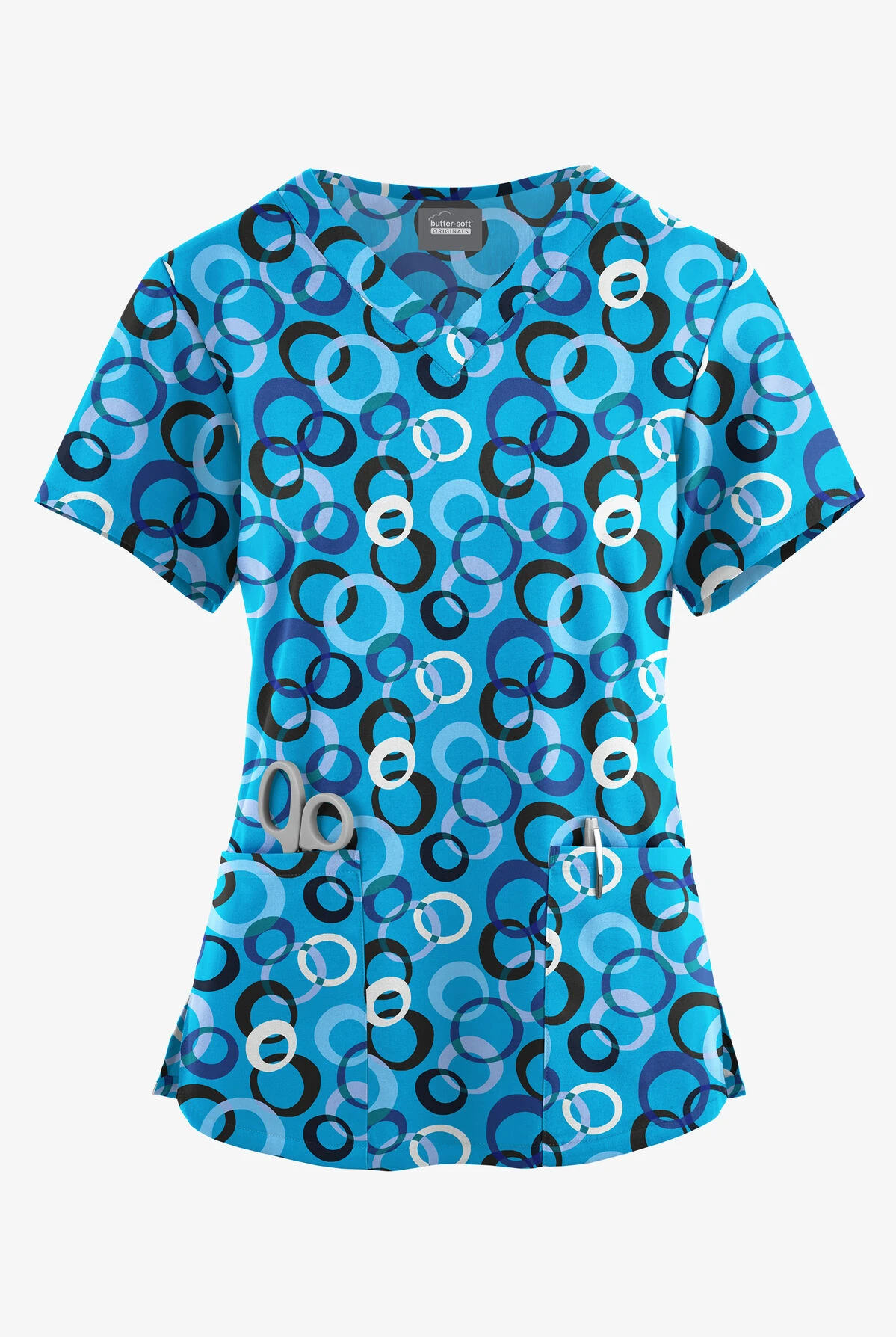 Butter-Soft Originals Groovy Geo Women's 4-Pocket Rounded V-Neck Printed Scrub TopÂ