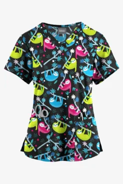 Butter-Soft Originals Slew Of Sloths Black Printed Women's 4-Pocket Rounded V-Neck Scrub Top