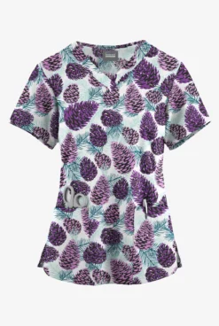 Butter-Soft Originals Winter Pine Cones White Printed Women's 4-Pocket Rounded V-Neck Scrub Top
