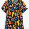 Cherokee Tooniforms Sesame Street Mini Sesame Women's 3-Pocket V-Neck Print Scrub Top