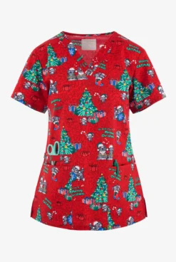 Cherokee Genuine Meowy Christmouse Women's 2-Pocket STRETCH V-Neck Print Scrub Top