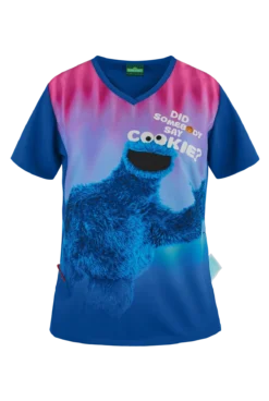 Cherokee Tooniforms Sesame Street Say Cookies Women's 1-Pocket V-Neck Print Scrub Top