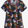 Cherokee Tooniforms Disney Celebrating Meow Women's 2-Pocket V-Neck Print Scrub Top