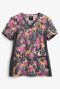 Cherokee Iflex Spotted In The Wild Women's 4-Pocket V-Neck STRETCH Print Scrub Top