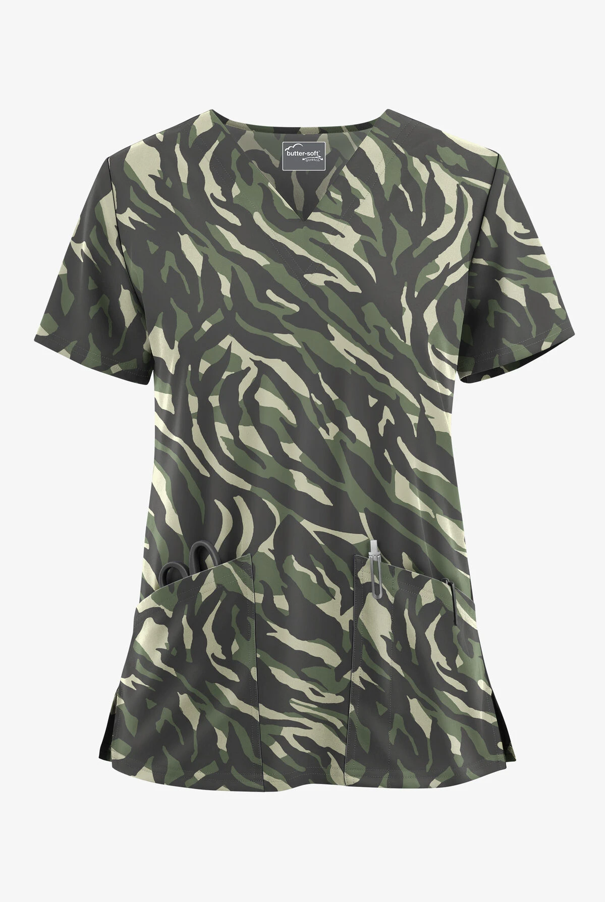 UA Butter-Soft STRETCH Zebra Camo Pewter Women's 2-Pocket V-Neck Printed Scrub Top