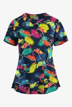 UA Butter-Soft STRETCH Chameleon Adventure Navy Women's 4-Pocket Crisscross Printed Scrub Top