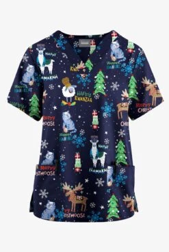 Butter-Soft Originals Chrismahanv Kwanzakah Women's 2-Pocket Classic Fit V-Neck Printed Scrub Top