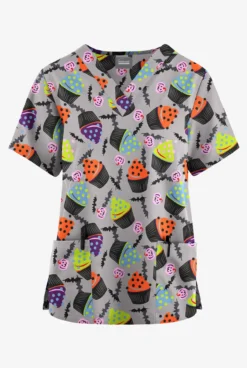 Butter-Soft Originals Halloween Treats Silver Women's 2-Pocket Classic Fit V-Neck Printed Scrub Top