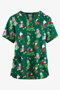 Butter-Soft Originals Playful Christmas Hunter Women's 2-Pocket Classic Fit V-Neck Printed Scrub Top