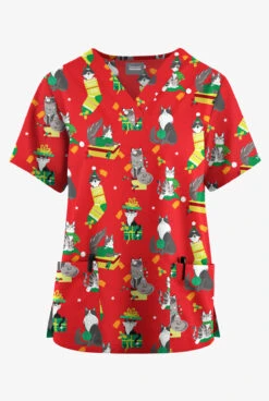 Butter-Soft Originals Playful Christmas Red Women's 2-Pocket Classic Fit V-Neck Printed Scrub Top