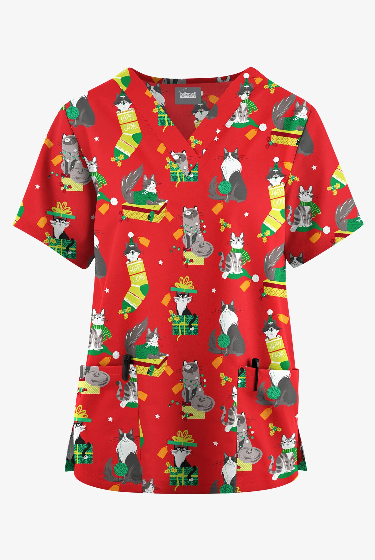 Butter-Soft Originals Playful Christmas Red Women's 2-Pocket Classic Fit V-Neck Printed Scrub Top